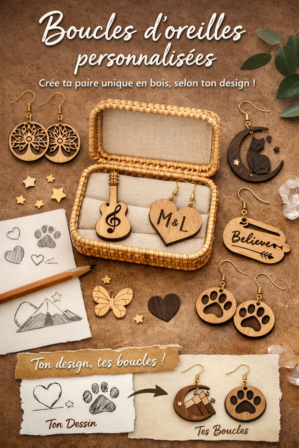 Boucles d'oreilles personnalisées en bois par Le Bois Elégant, avec détails en bois naturel et design élégant.