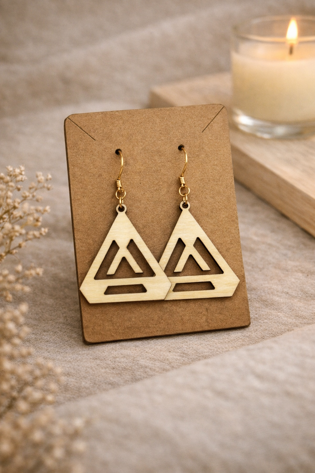 Boucles d'oreilles triangle élégance en bois, design minimaliste et moderne, par la marque Le Bois Elégant.