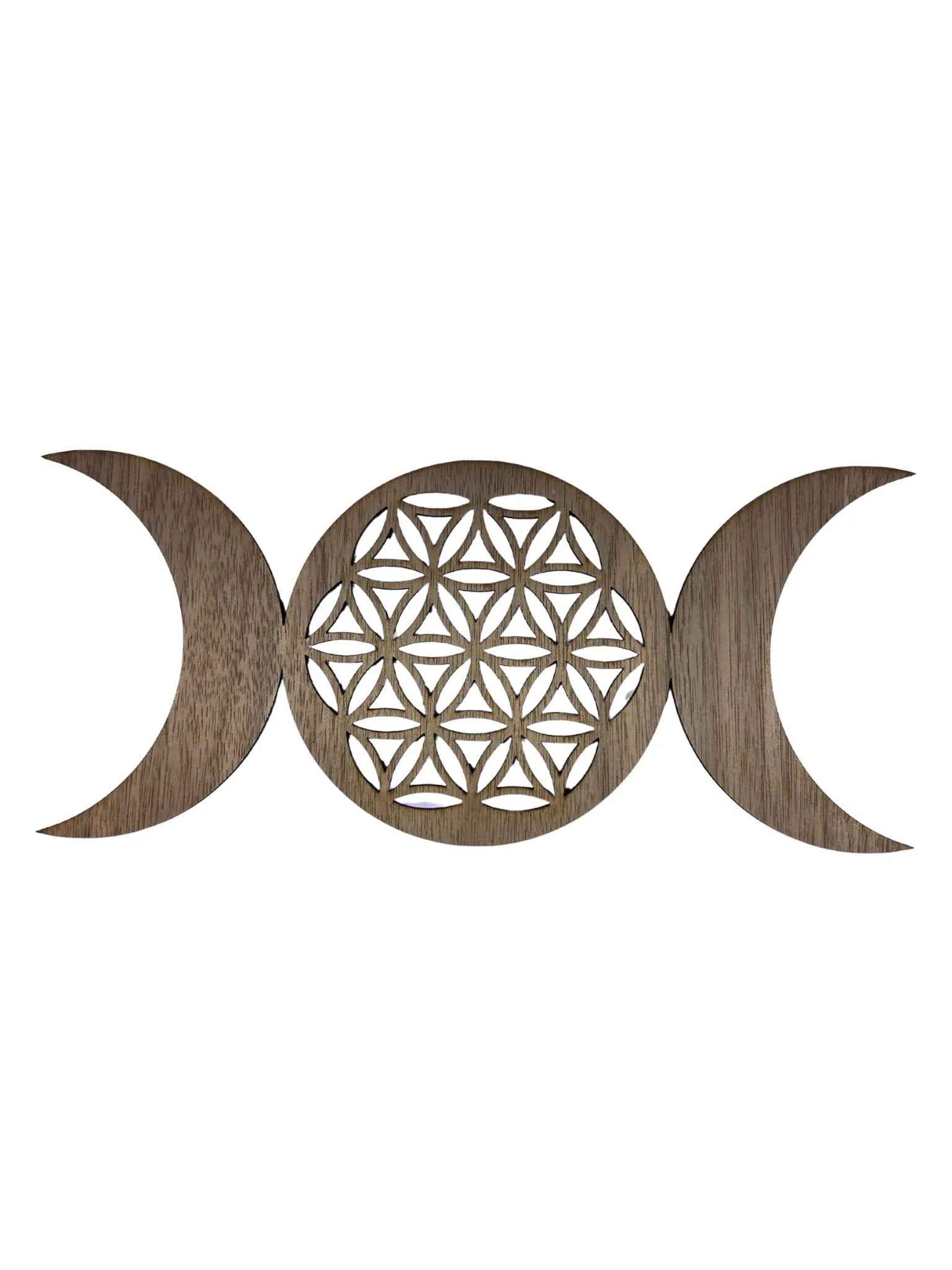 Plateau en bois Le Bois Elégant, triple Lune Fleur de Vie, 25 cm, décoration artisanale en bois naturel avec motif géométrique.