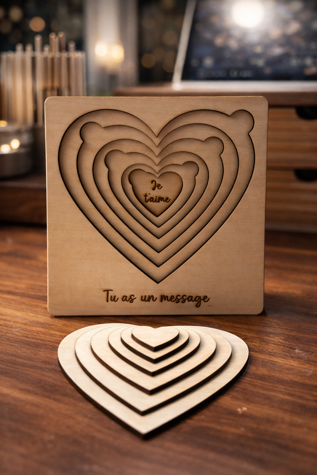 Coffret cadeau Le Murmure du Cœur de la marque Le Bois Elégant, contenant un message romantique en bois gravé.