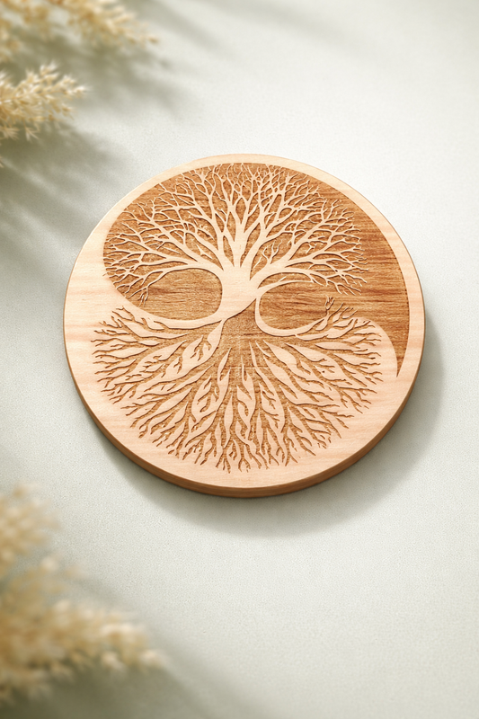 Dessous de verre en bois Le Bois Elégant avec motif gravé, posé sur une table en bois, élégant et artisanal.