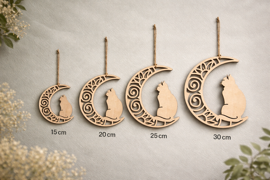 Suspension murale en bois avec motif chat et lune, décoration élégante de Le Bois Elégant, idéale pour intérieur chaleureux.