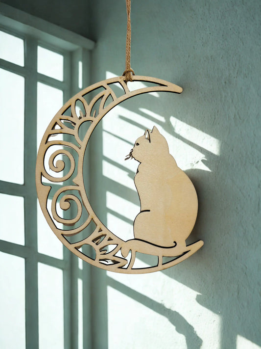 Suspension Murale Bois – Chat sur Croissant de Lune Le Bois Elégant