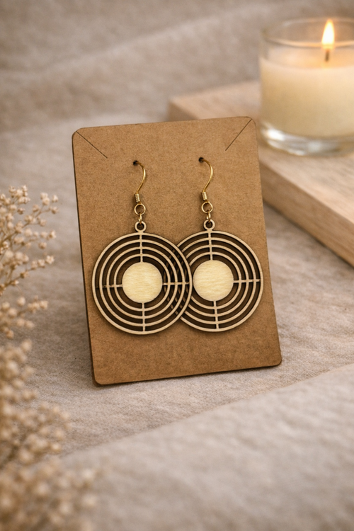 Boucles d'oreilles Le Bois Elégant Onde Solaires en forme fluide et élégante, en métal doré, portées sur une modèle.