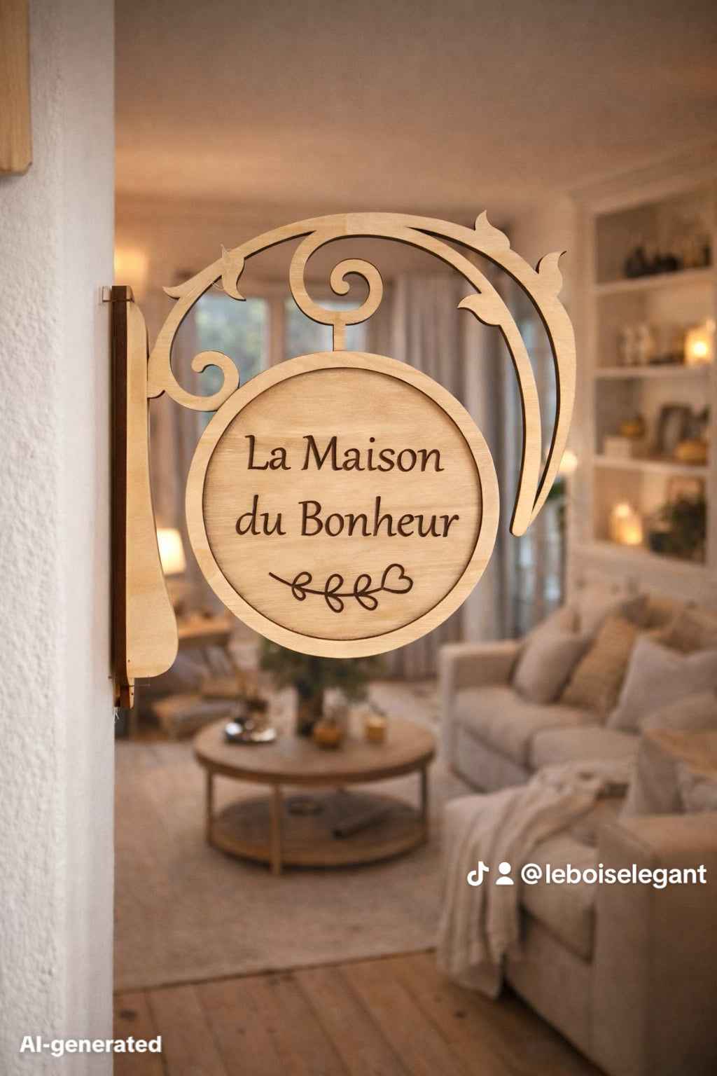 Enseigne drapeau personnalisable en bois de Le Bois Elégant, avec design unique et support en bois naturel.