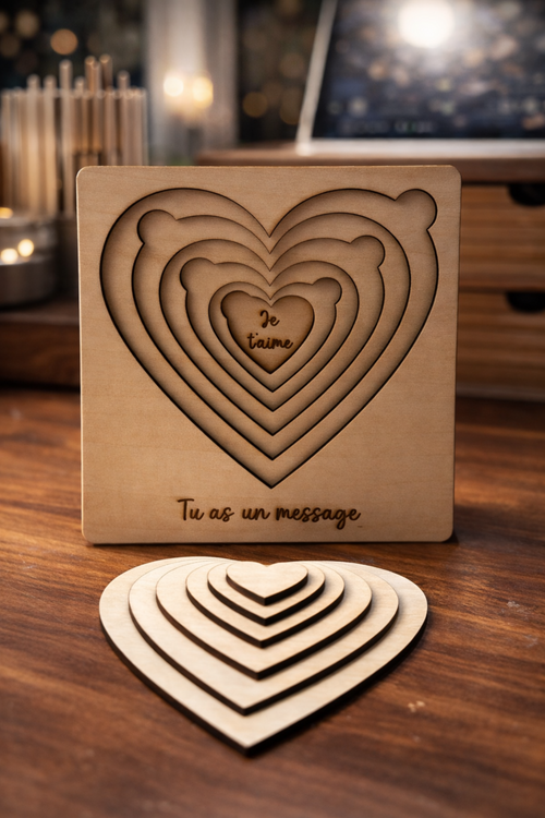 Coffret cadeau Le Murmure du Cœur de la marque Le Bois Elégant, contenant un message romantique en bois gravé.