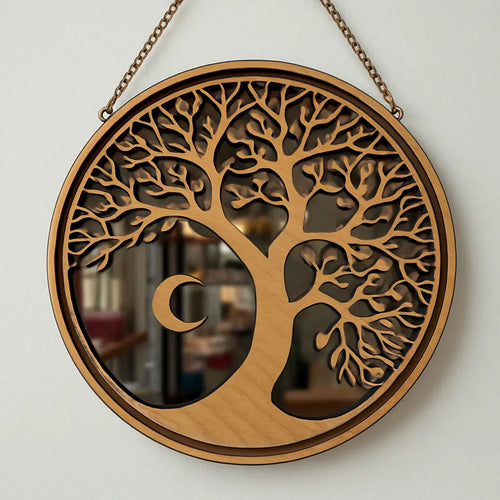Miroir arbre de vie de 20cm de Le Bois Elégant, cadre en bois naturel avec motif arbre gravé, design élégant et artisanal.