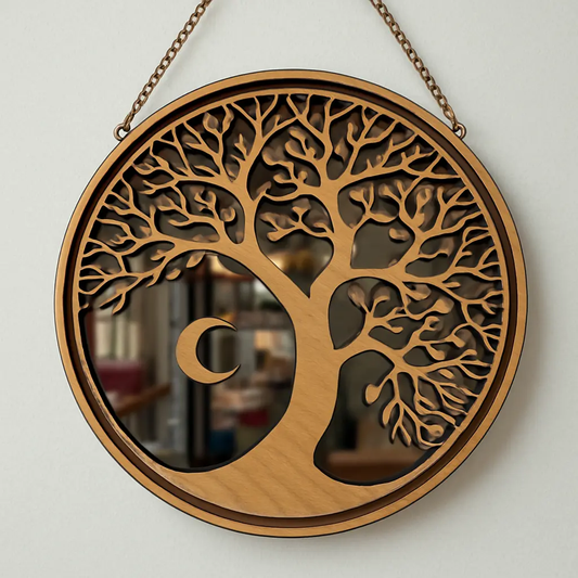 Miroir arbre de vie de 20cm de Le Bois Elégant, cadre en bois naturel avec motif arbre gravé, design élégant et artisanal.