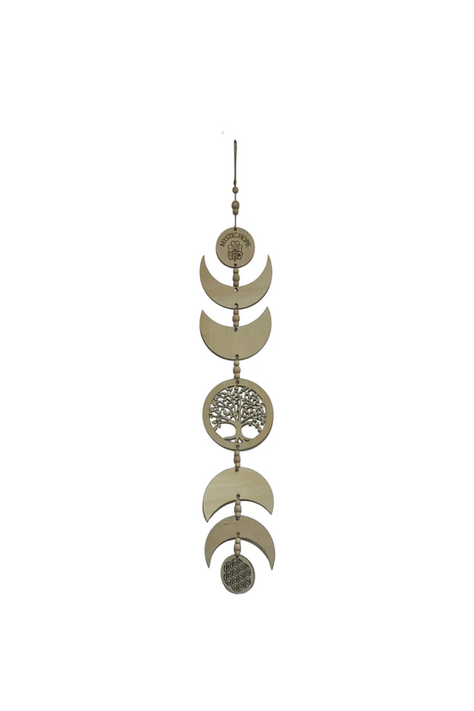 Suspension murale Le Bois Elégant en forme de phases de lune personnalisable, 76 cm de diamètre, bois naturel.