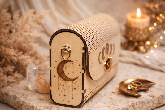 Sac Mystic Moon de Le Bois Elégant, en tissu noir avec détails argentés, illustration de lune mystique sur le devant.