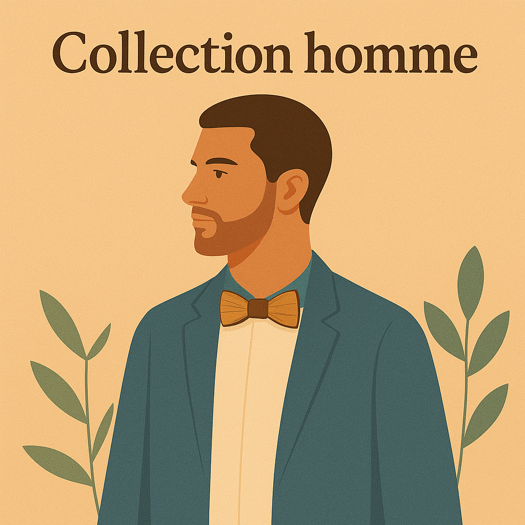 Collection d'accessoires et sacs pour hommes stylés, mettant en avant des pièces uniques comme la sacoche Gab et des noeuds papillons en bois.