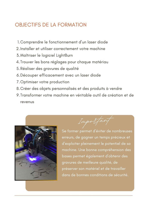 Formation en gravure et découpe laser proposée par Le Bois Élégant, image montrant des outils et matériaux pour la formation.