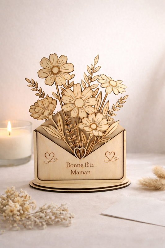Bouquet en bois pour la fête des mères, cadeau élégant de Le Bois Elégant, hauteur environ 23 cm, design floral naturel.