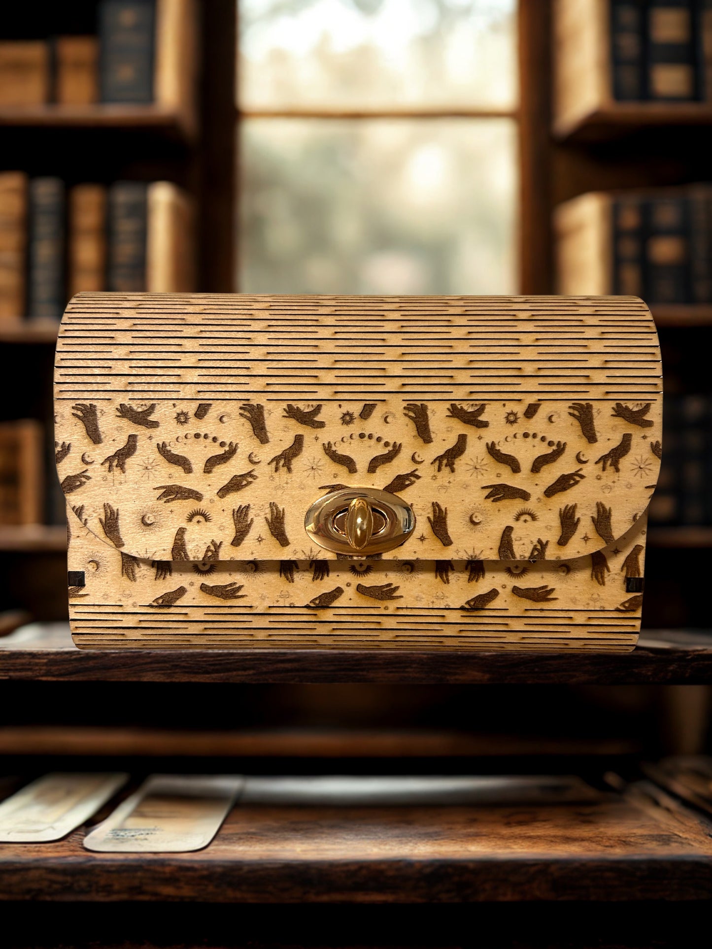 Sac Énora de Le Bois Elégant, un sac avec symboles magiques, mettant en valeur ses détails fascinants dans un cadre de bibliothèque.