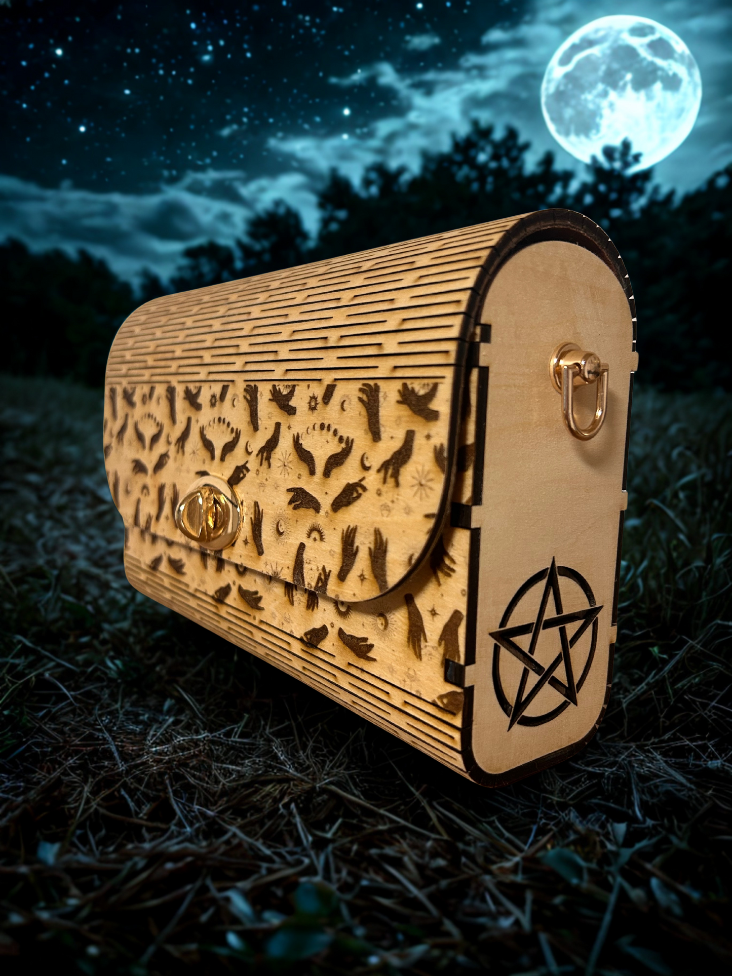Sac Énora de Le Bois Elégant, un sac avec symboles magiques, en bois naturel avec des gravures mystérieuses sous la lune.