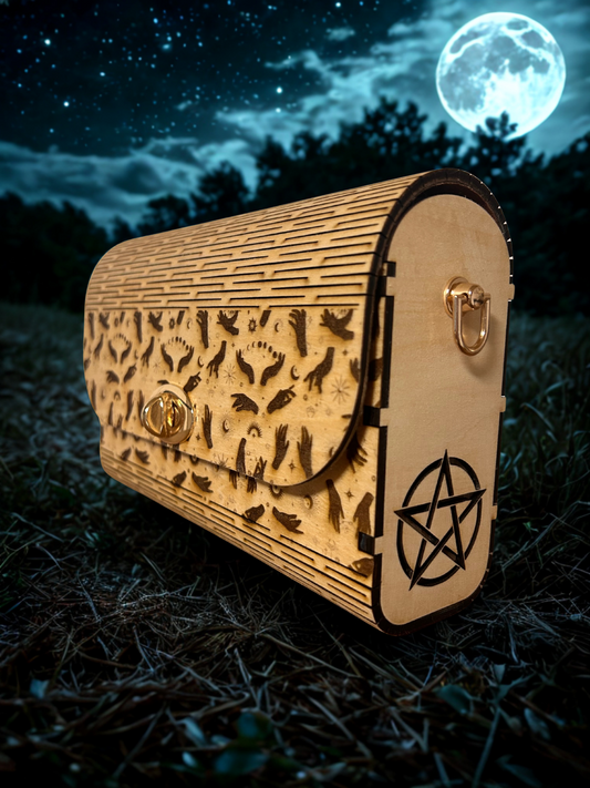 Sac Énora de Le Bois Elégant, un sac avec symboles magiques, en bois naturel avec des gravures mystérieuses sous la lune.