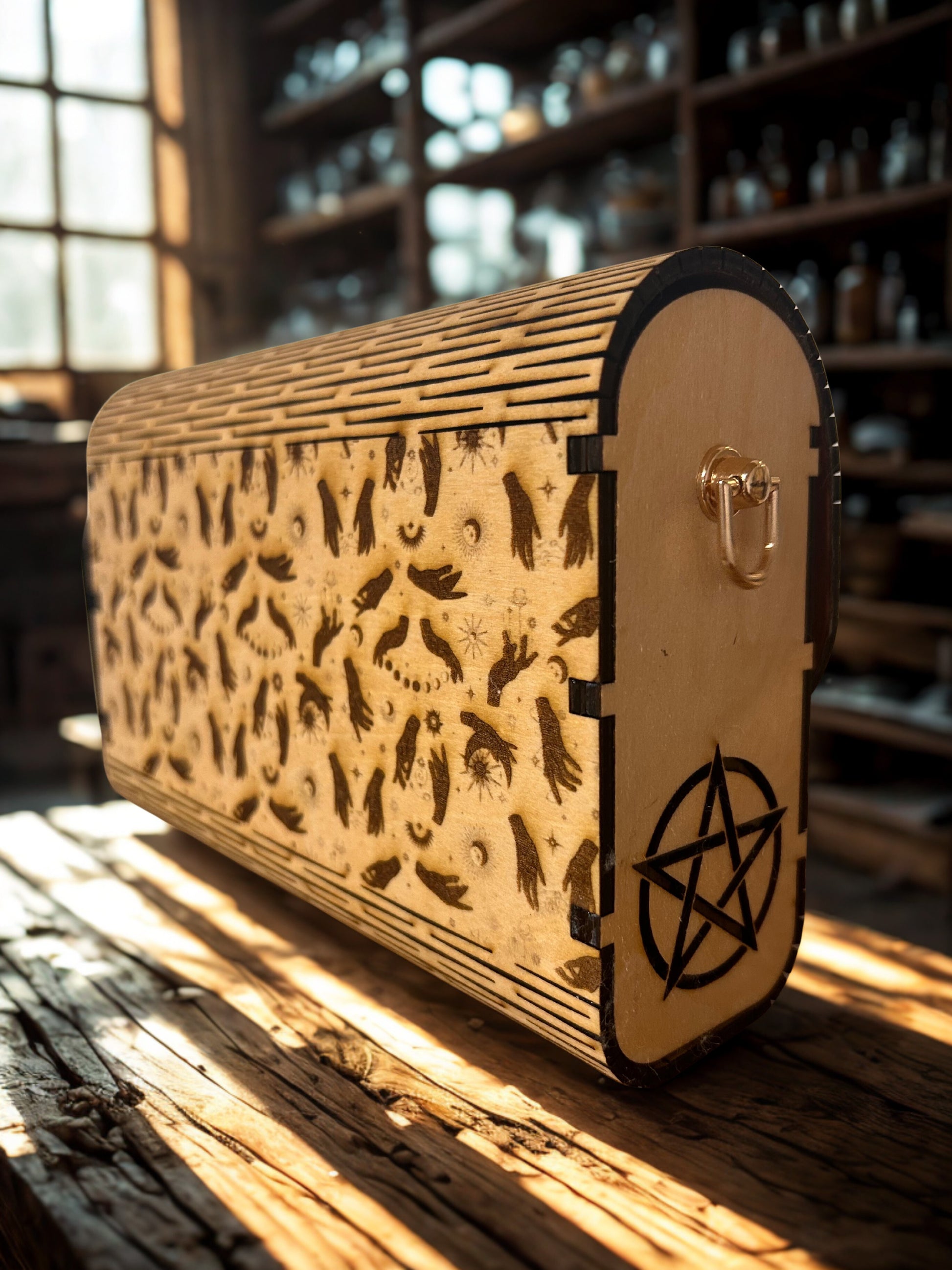Sac Énora de Le Bois Elégant, un sac avec symboles magiques, illuminé par la lumière dorée dans un atelier ancien.
