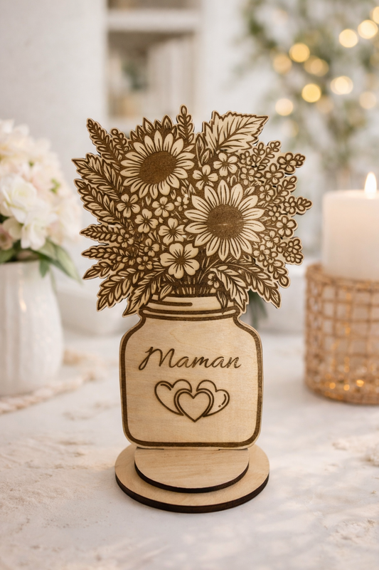 Bouquet en bois "Maman" pour fête des mères, décoration en bois de 20cm, par Le Bois Elégant, idéal pour célébrer maman.