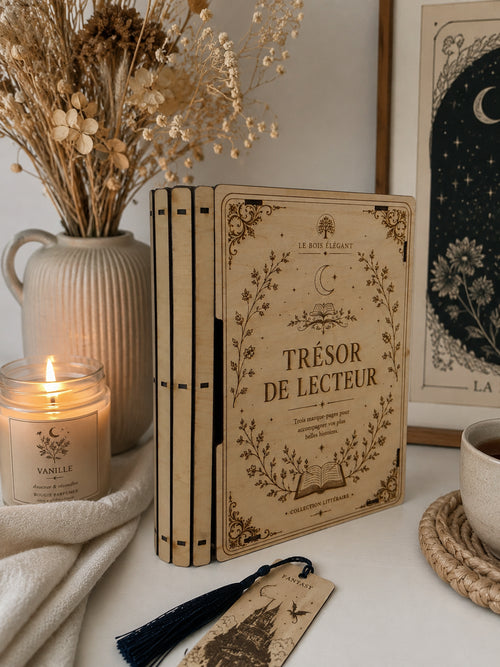 Coffret Luxe Le Trésor du Lecteur par Le Bois Elégant, élégant coffret avec accessoires pour lecteur, vue de face.