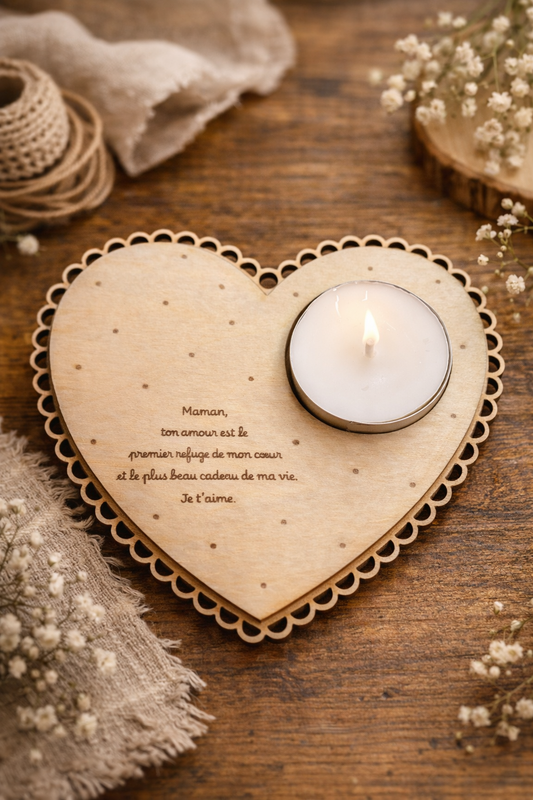 Bougeoir cœur en bois de la marque Le Bois Elégant, idéal comme cadeau pour la fête des mères, avec un design en forme de cœur.