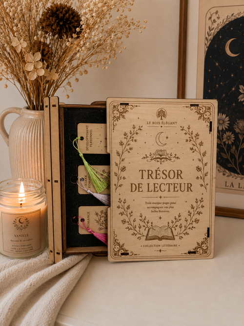 Coffret luxe Le Trésor du Lecteur de la marque Le Bois Elégant, avec coffret élégant et articles pour lecteur sophistiqué.