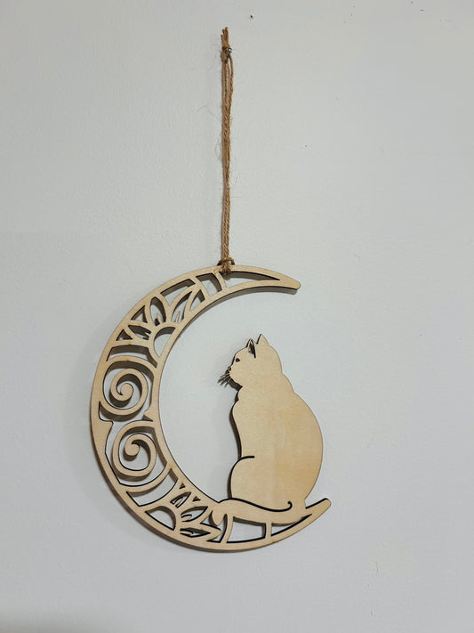 Suspension Murale Bois – Chat sur Croissant de Lune Le Bois Elégant