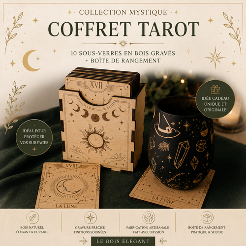 Coffret Tarot mis en scène avec ses dessous de verre