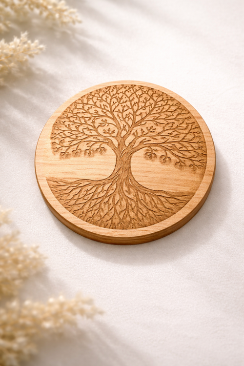 Dessous de verre en bois de la marque Le Bois Elégant, avec motif gravé, posé sur une table en bois naturel.