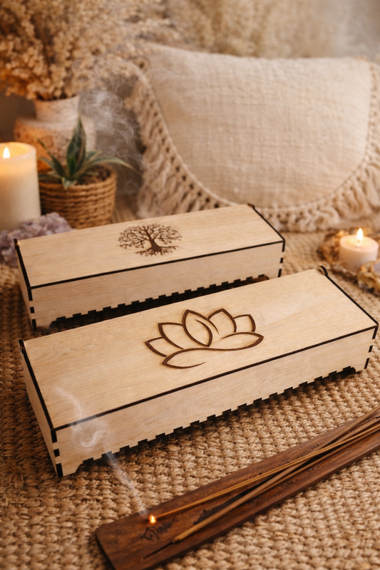 Boîte à encens en décoration de la marque Le Bois Elégant, contenant des bâtons d'encens, aspect élégant et artisanal.