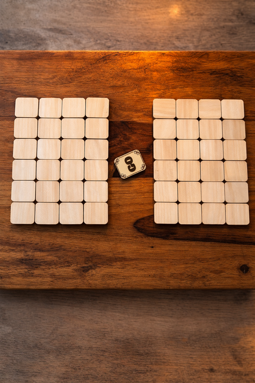Jeu de mah-jong Duo de la marque Le Bois Elégant avec des tuiles en bois élégantes sur une table.