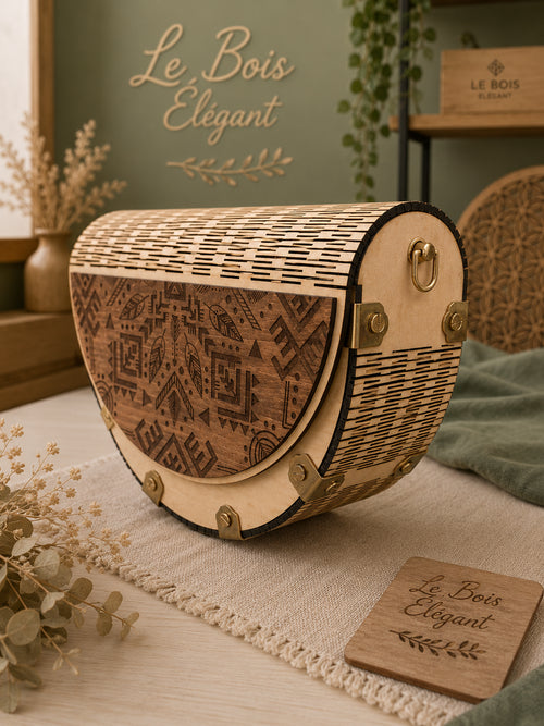 Sac en bois Maya artisanal – vue de trois quarts