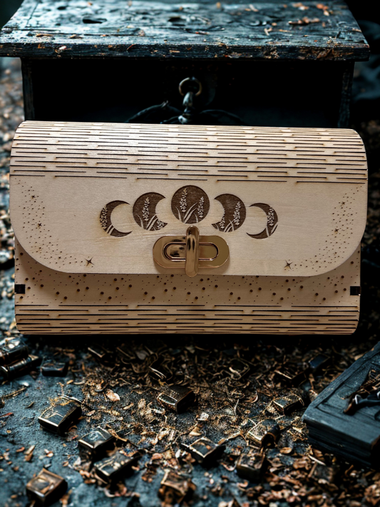 Sac Mystic Moon de Le Bois Élégant en bois gravé avec des phases lunaires, accessoire de mode mystique.