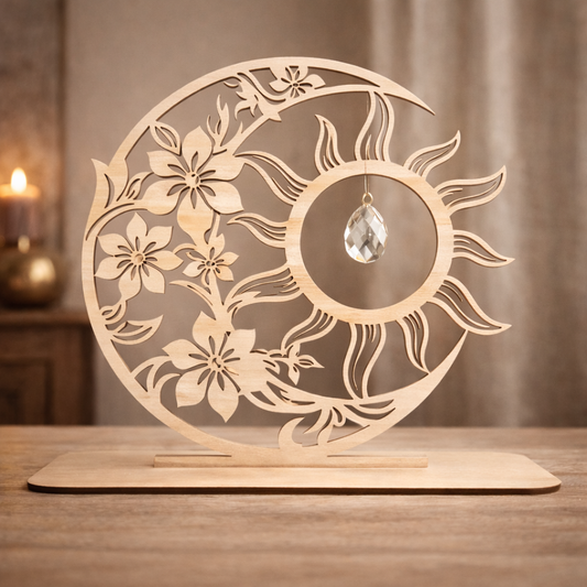 Attrape soleil en bois élégant avec motifs sculptés, idéal pour décorer et filtrer la lumière dans une pièce.