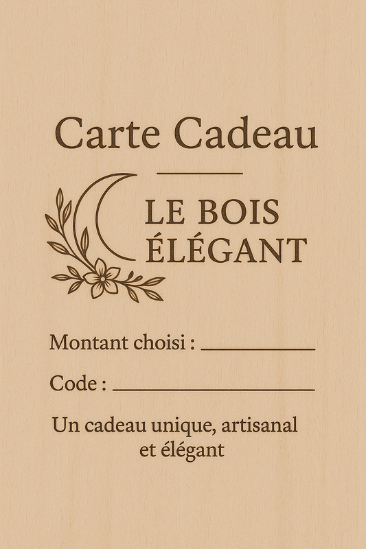 Carte cadeau Le Bois Élégant avec design élégant et motif en bois, idéale pour offrir une expérience sophistiquée.