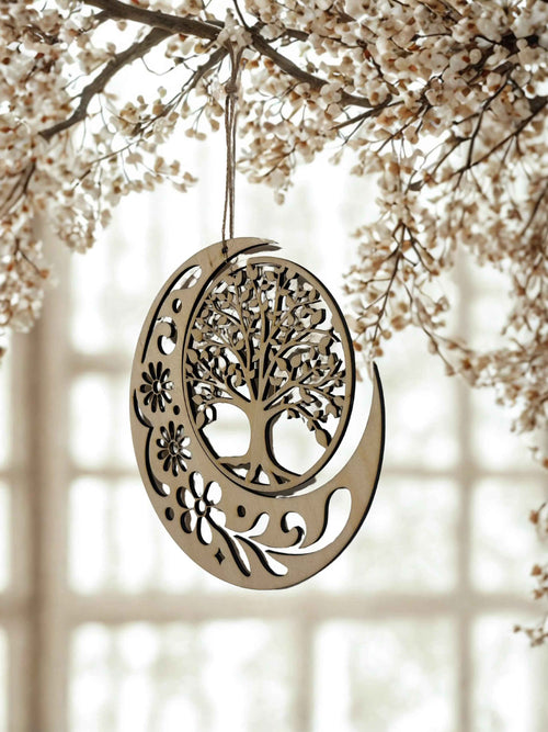 Suspension murale en bois « Arbre de Vie & Lune » de Le Bois Elégant, décoration murale artistique avec motif arbre et lune.