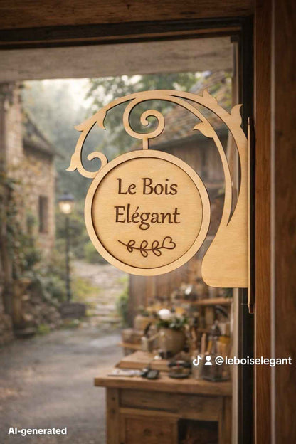 Enseigne drapeau personnalisable en bois de Le Bois Elégant, avec motif coloré et design unique visible sur l'image.