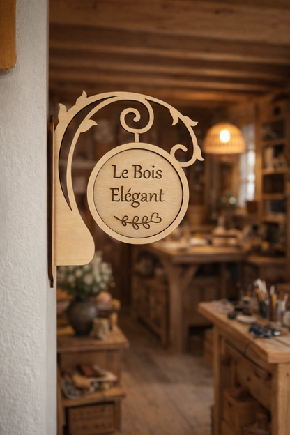 Enseigne drapeau personnalisable en bois avec motif décoratif, fabriquée par Le Bois Elégant, visible en gros plan.