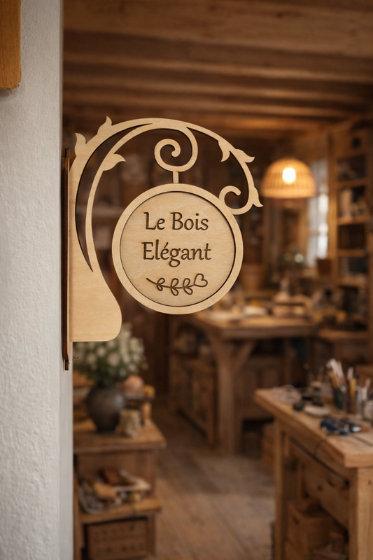 Enseigne drapeau personnalisable en bois avec motif décoratif, fabriquée par Le Bois Elégant, visible en gros plan.
