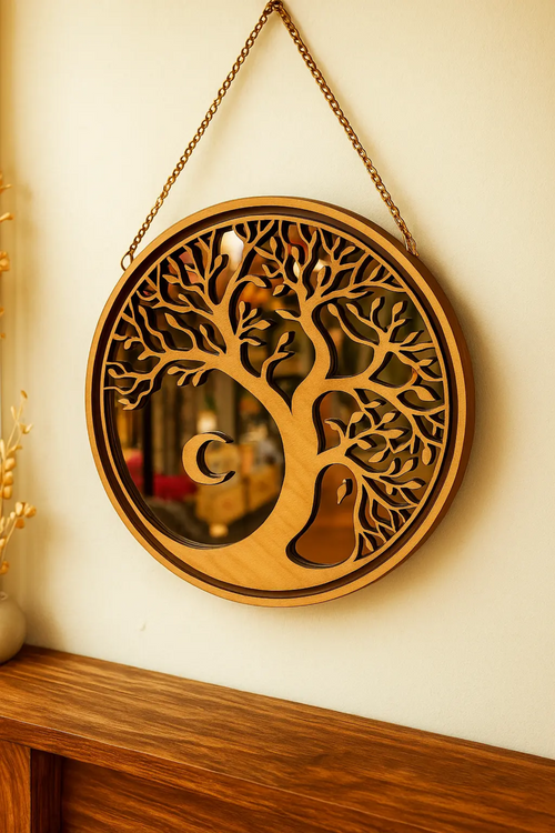 Miroir arbre de vie de 20cm de la marque Le Bois Elégant, avec cadre en bois sculpté représentant un arbre stylisé.