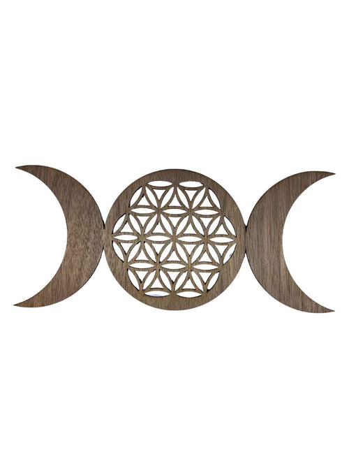 Plateau en bois Le Bois Elégant, triple Lune Fleur de Vie, 25 cm, décoration artisanale en bois naturel avec motif géométrique.