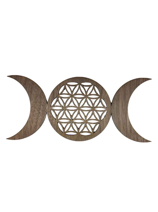 Plateau en bois Le Bois Elégant, triple Lune Fleur de Vie, 25 cm, décoration artisanale en bois naturel avec motif géométrique.