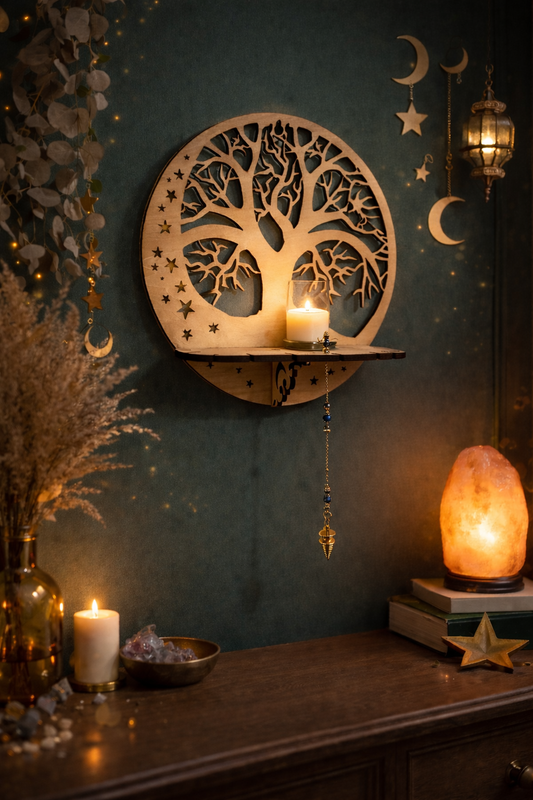 Support pour pendules et étagère décorative en bois élégant, avec design solide et esthétique raffinée.