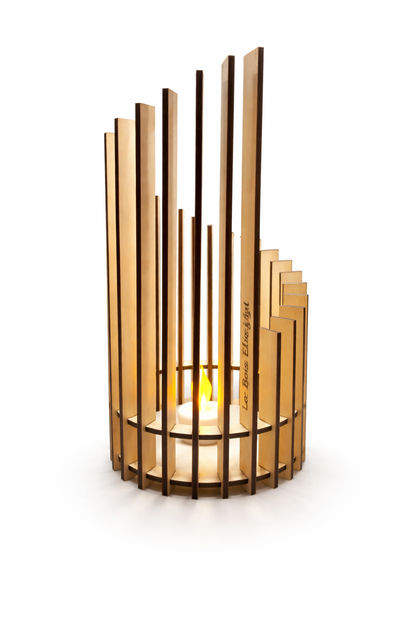 Photophore Aura en bois élégant, décoration lumineuse avec bougie, design moderne et sophistiqué.